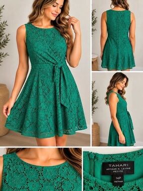 Tahari Green Lace Fit & Flare Dress Size 14P